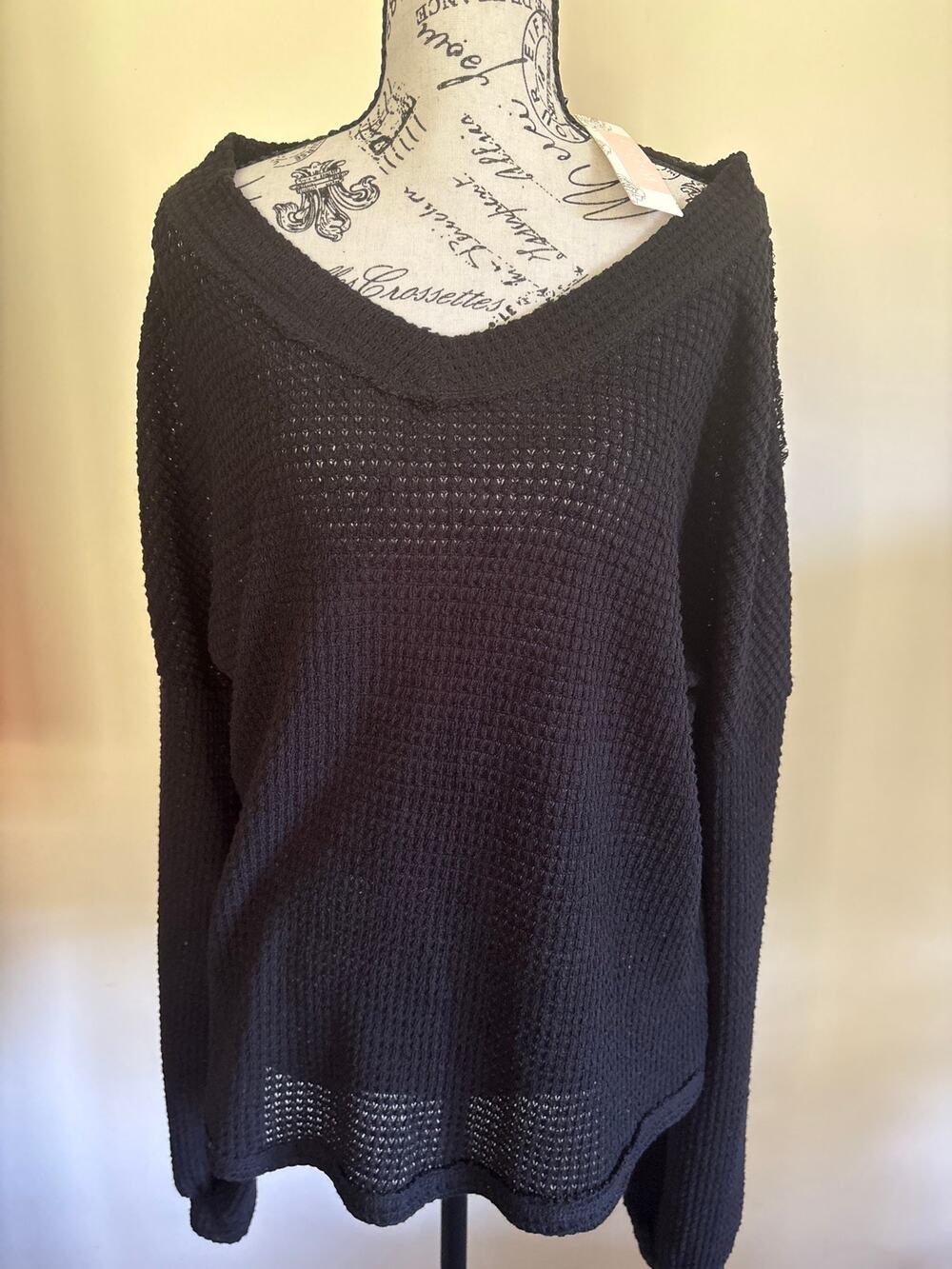 CDM Black Waffle Knit Top XL NWT